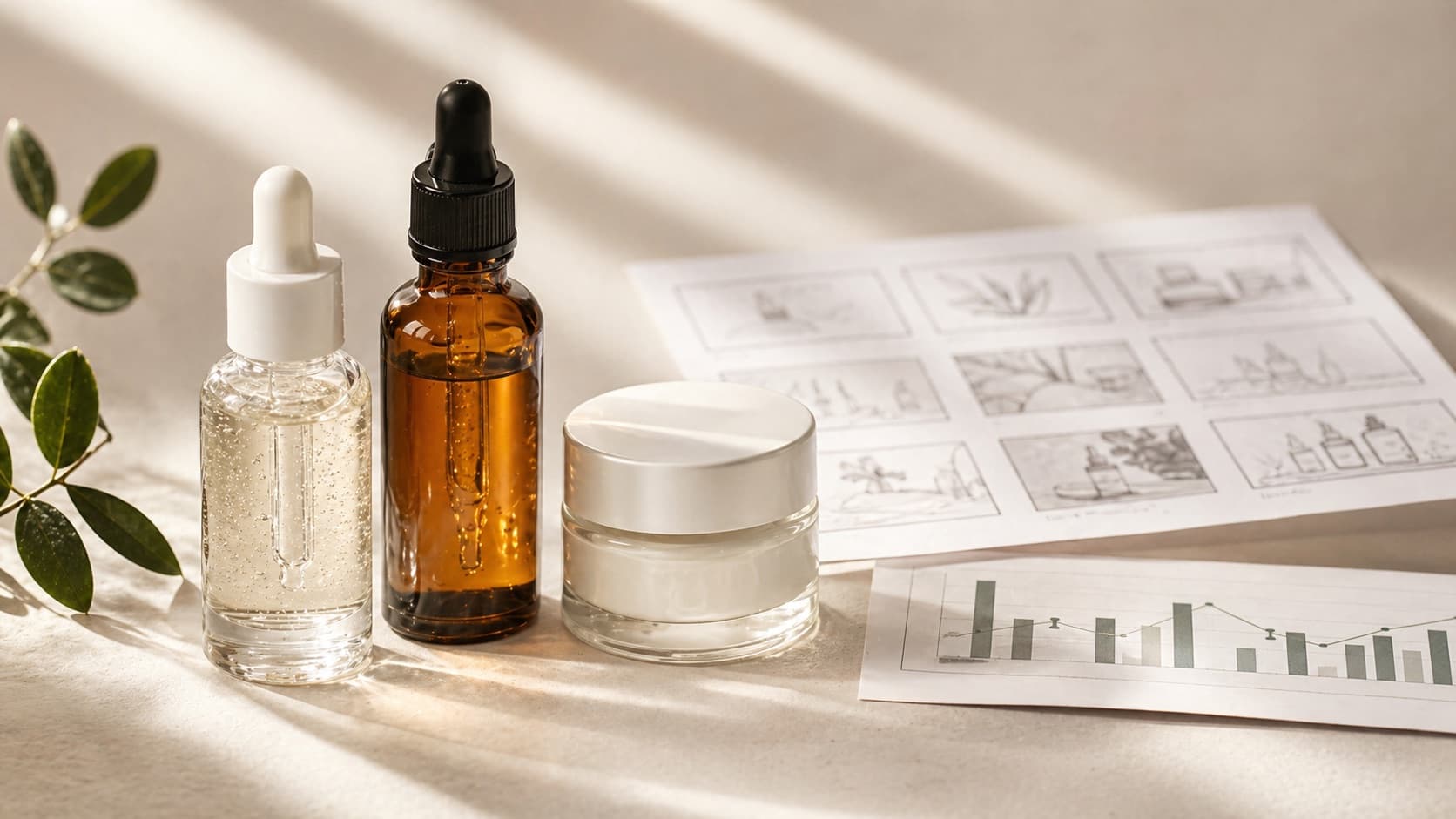 Creative review notes beside skincare products, representing a Meta ads fatigue diagnosis workflow.